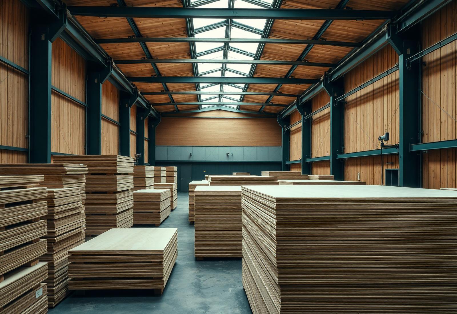 Interior da fábrica M7PLY com chapas de compensado empilhadas