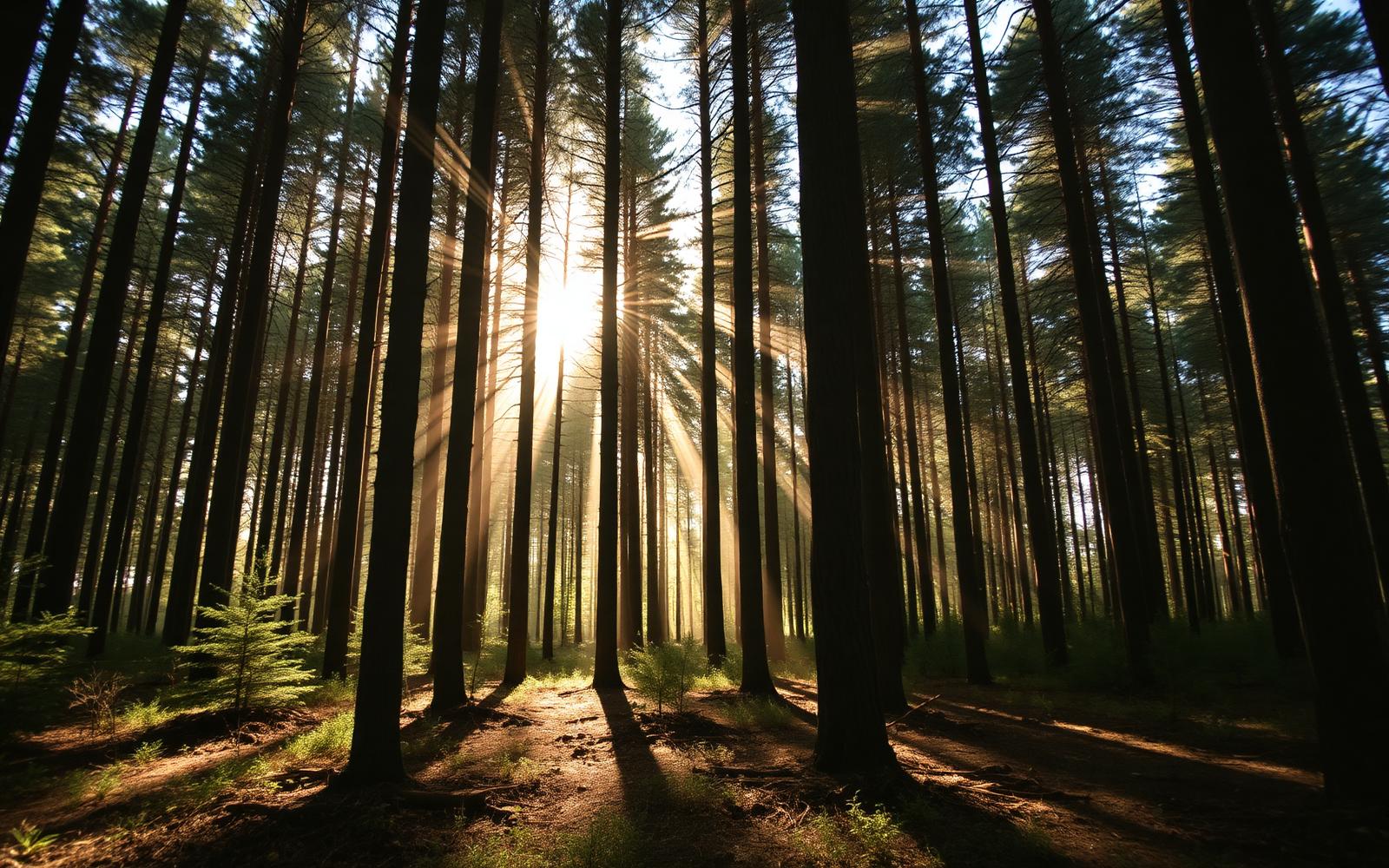 Floresta de pinus com raios de sol